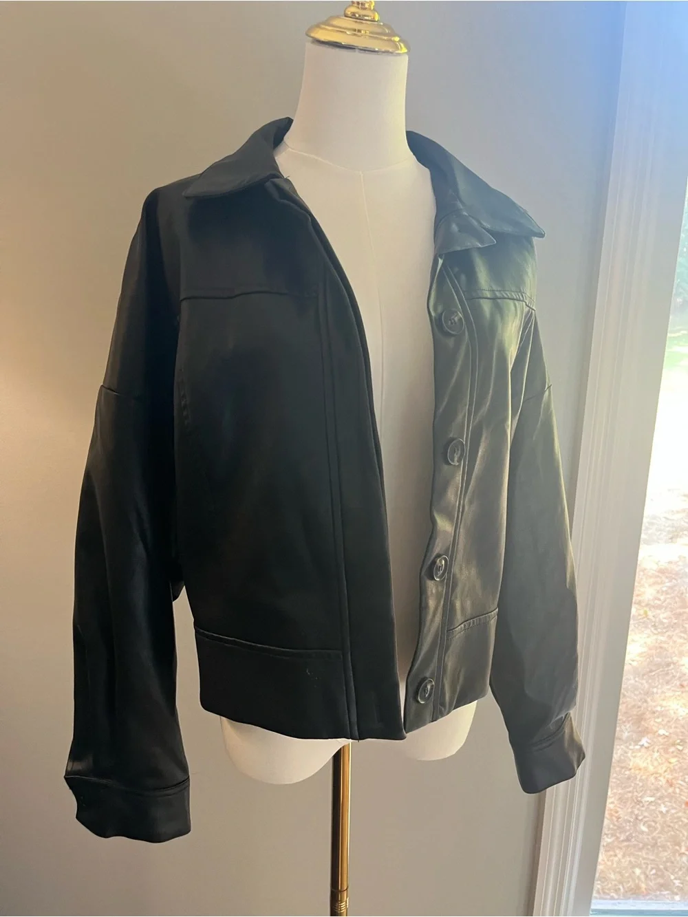 Black Faux Leather Zip-Front Jacket - Women Medium